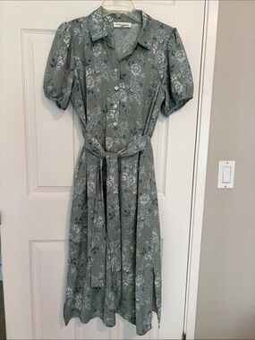 Lucky Brand Sage Green Floral Midi Shirt Dress